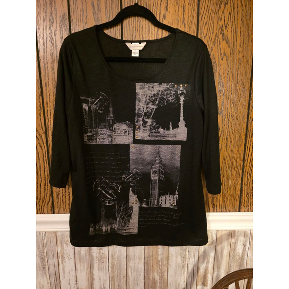 Women's Christopher & Banks Long Sleeve Tee XL Black White Graphic - Picture 2 of 5